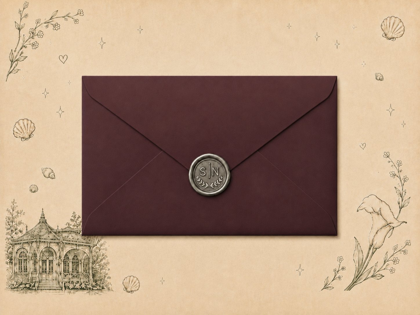A sealed burgundy envelope with a silver wax seal on parchment