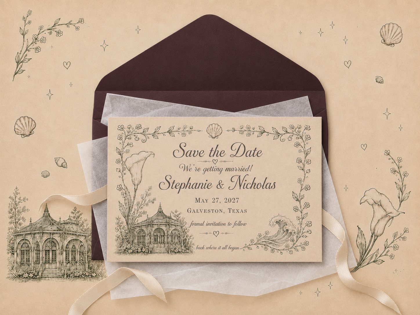 Save the Date. Stephanie and Nicholas, May 27, 2027, Galveston, Texas